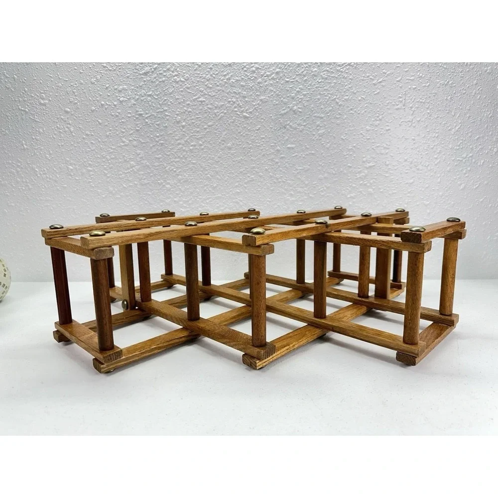 Vintage Expandable Wooden Wine Rack Accordion Style Oak Brass Tone Rivets MCM